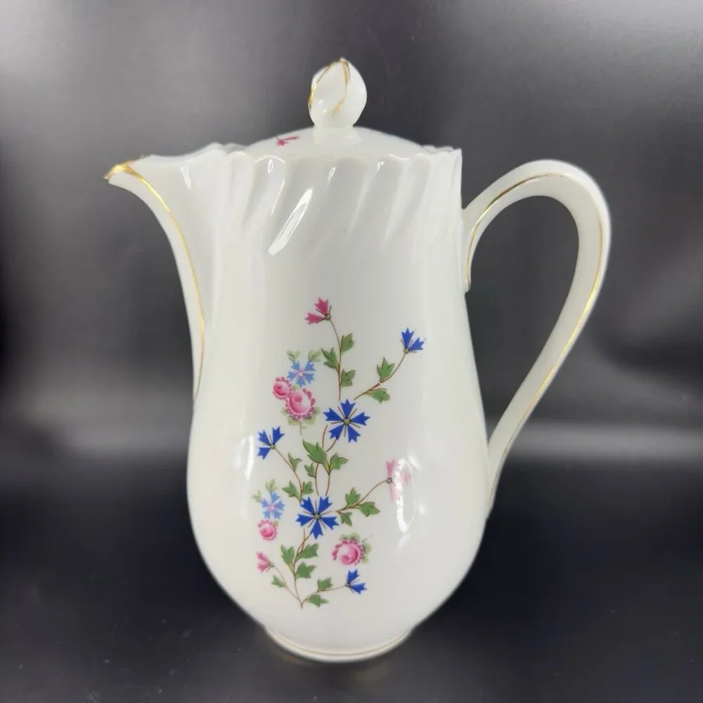 Louis Lourioux LE FAUNE Porcelain Teapot Carafe Coffee Pot France Floral Vintage